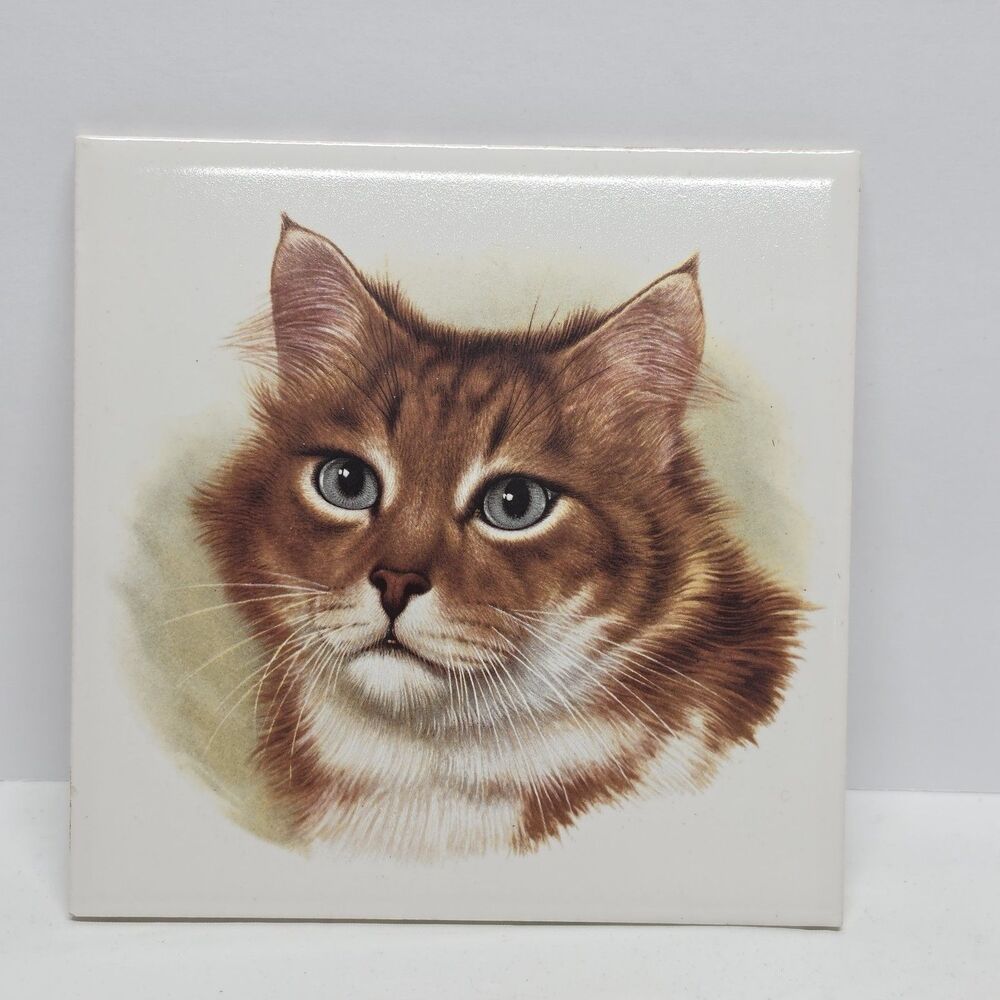 Vintage Ginger Cat Face Tile Ceramic Plaque Trivet By H & R JOHNSON England